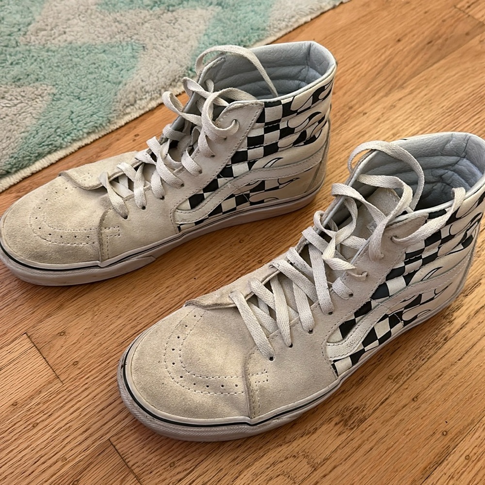 High Top Flame Checkered Vans, Cream Colored - image 1